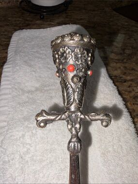 Vintage Dagger Letter Opener/Sword Silver Tone Coral Cabochons Medieval Ornate